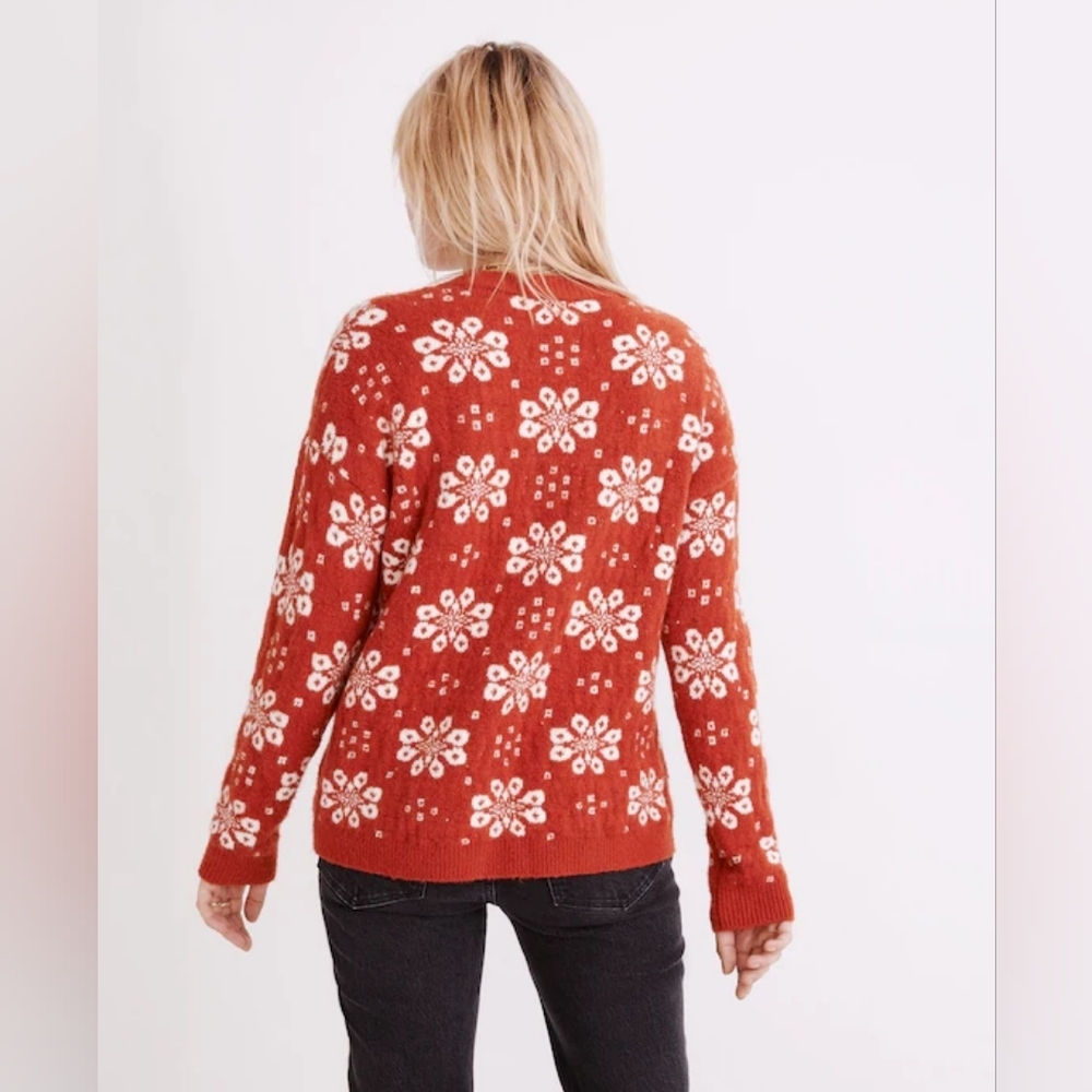 🧡🤍 Madewell Althen Snowflake Patterned Cotton Wool Blend Sweater, XXS, NWT - Picture 10 of 11
